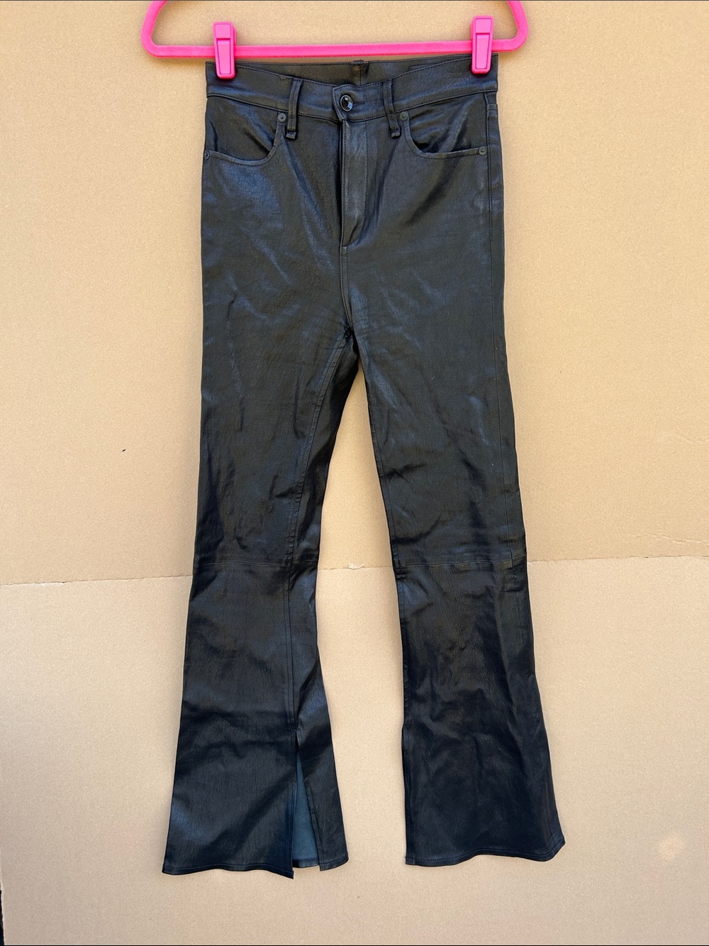 Rag & Bone $1195 Bella Lambskin Leather Split Hem Flare Pants 26 Edgy Sleek Moto